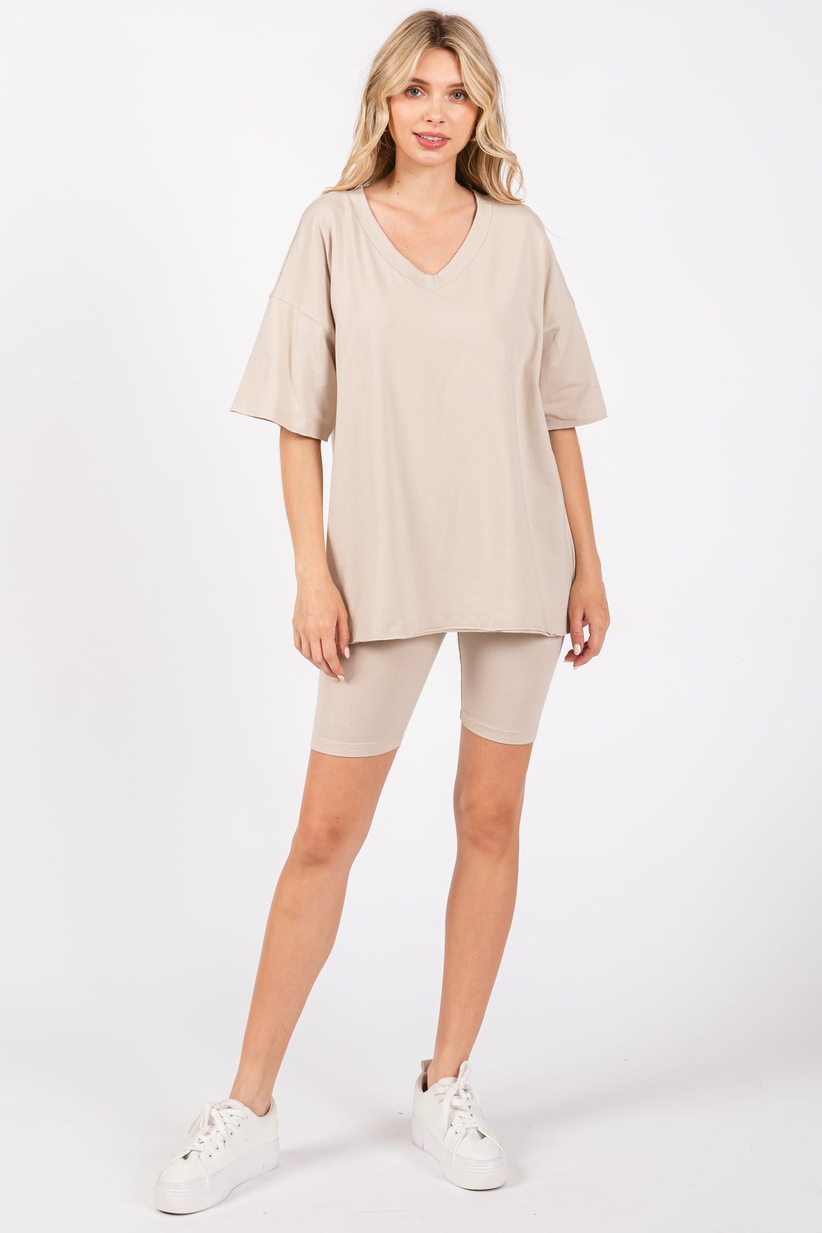 Beige Oversized V-Neck Biker Short Maternity Set