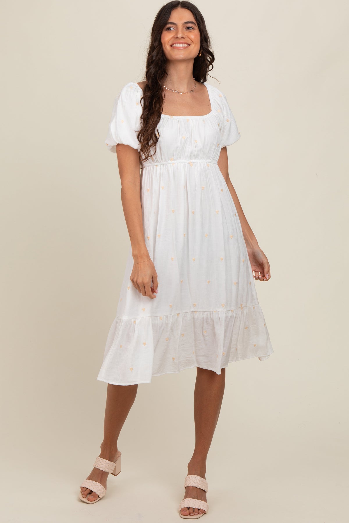 White Heart Embroidered Short Puff Sleeve Maternity Midi Dress