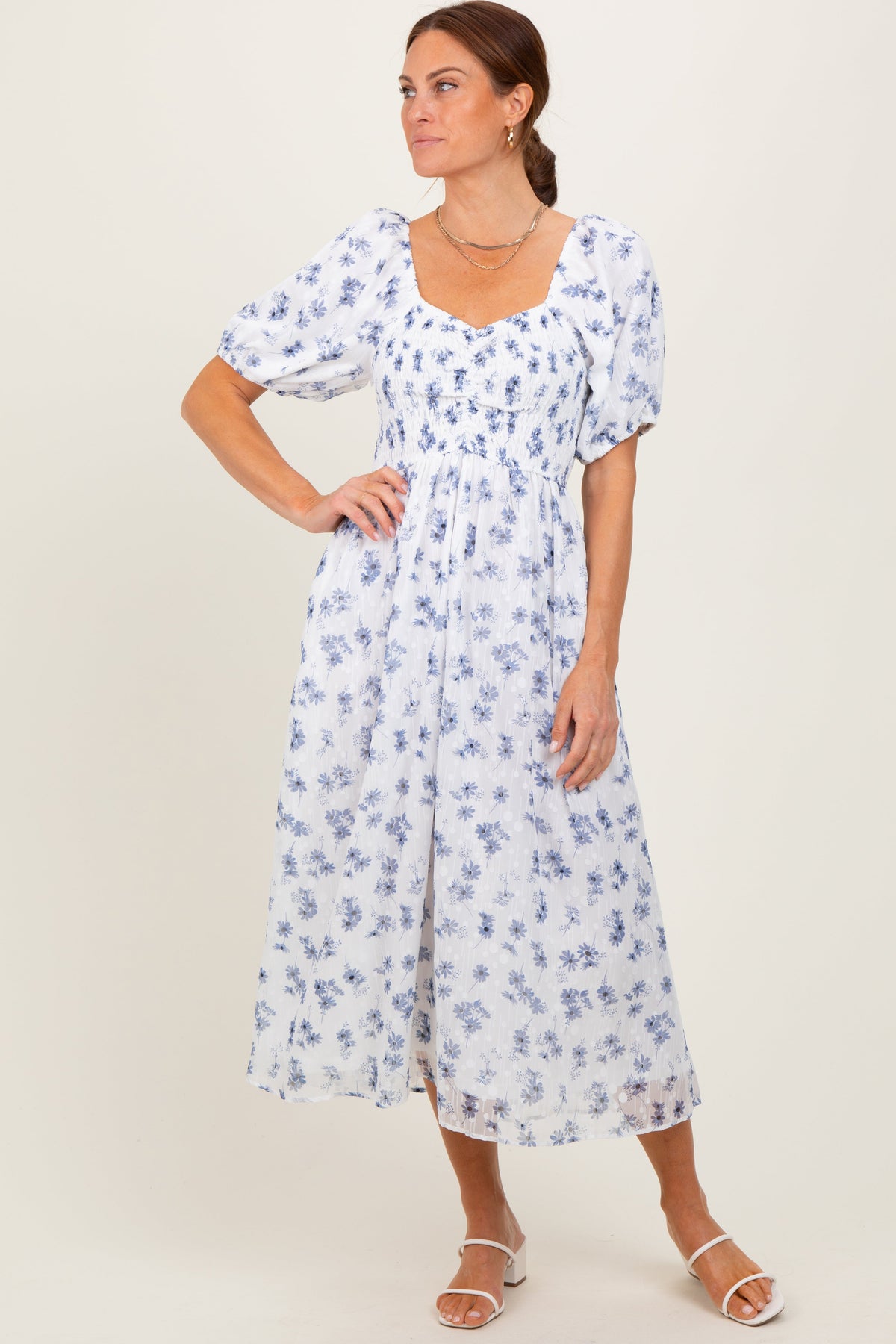 Blue Floral Smocked Bodice Maternity Midi Dress