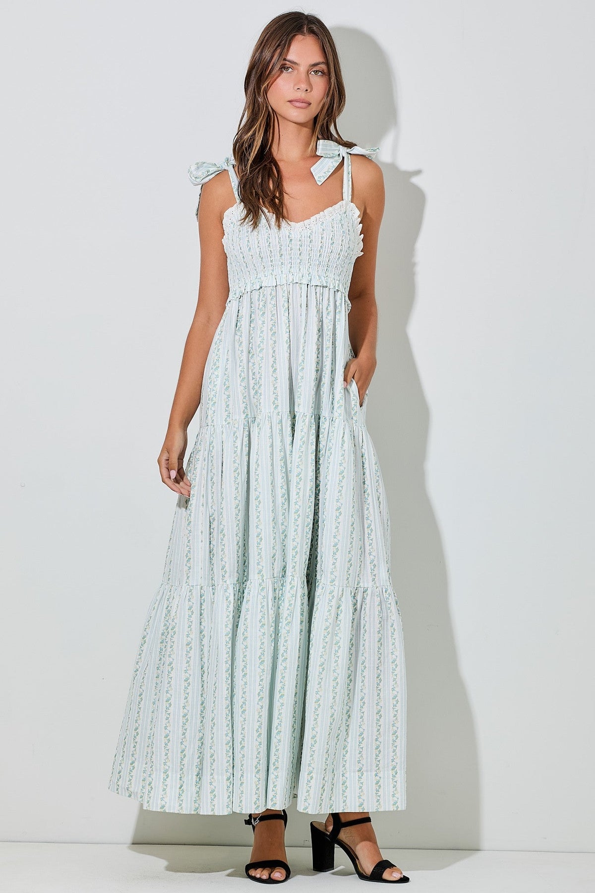 Blue Floral Striped Smocked Shoulder Tie Maternity Maxi Dress
