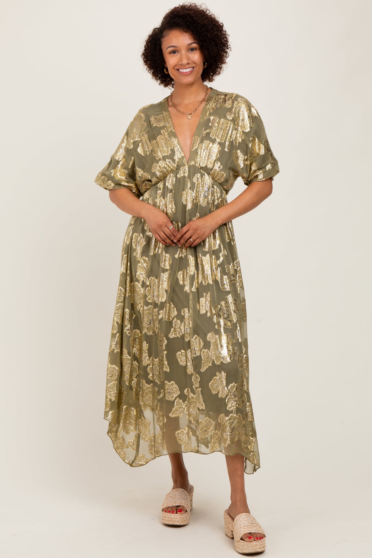 Olive Metallic Floral Jacquard Overlay Maternity Maxi Dress