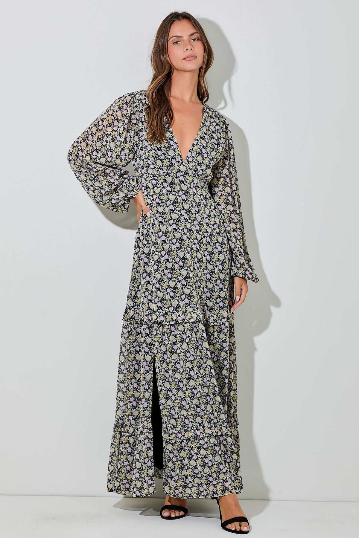 Black Floral Chiffon V-Neck Ruffle Tiered Maternity Maxi Dress
