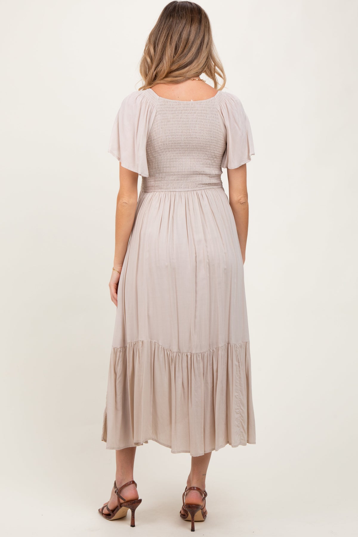 Cream Smocked Flutter Sleeve Midi Dress