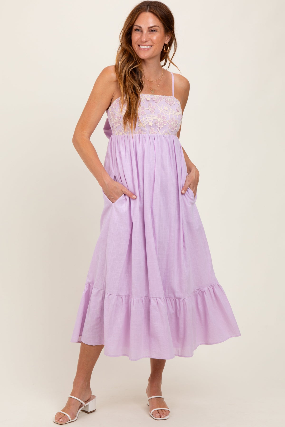 Lavender Floral Embroidery Back Ribbon Maternity Midi Dress