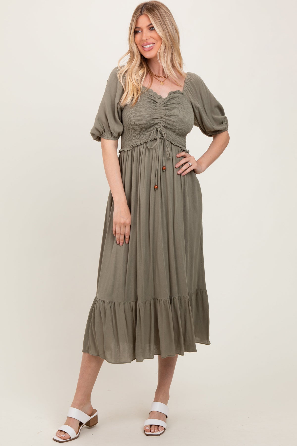 Olive Smocked Cinched Front Maternity Maxi Dress