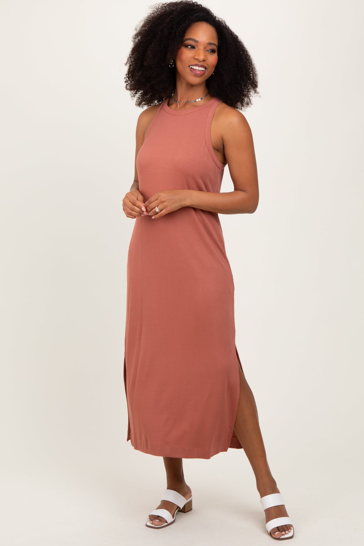 Rust Sleeveless Side Slit Maternity Midi Dress