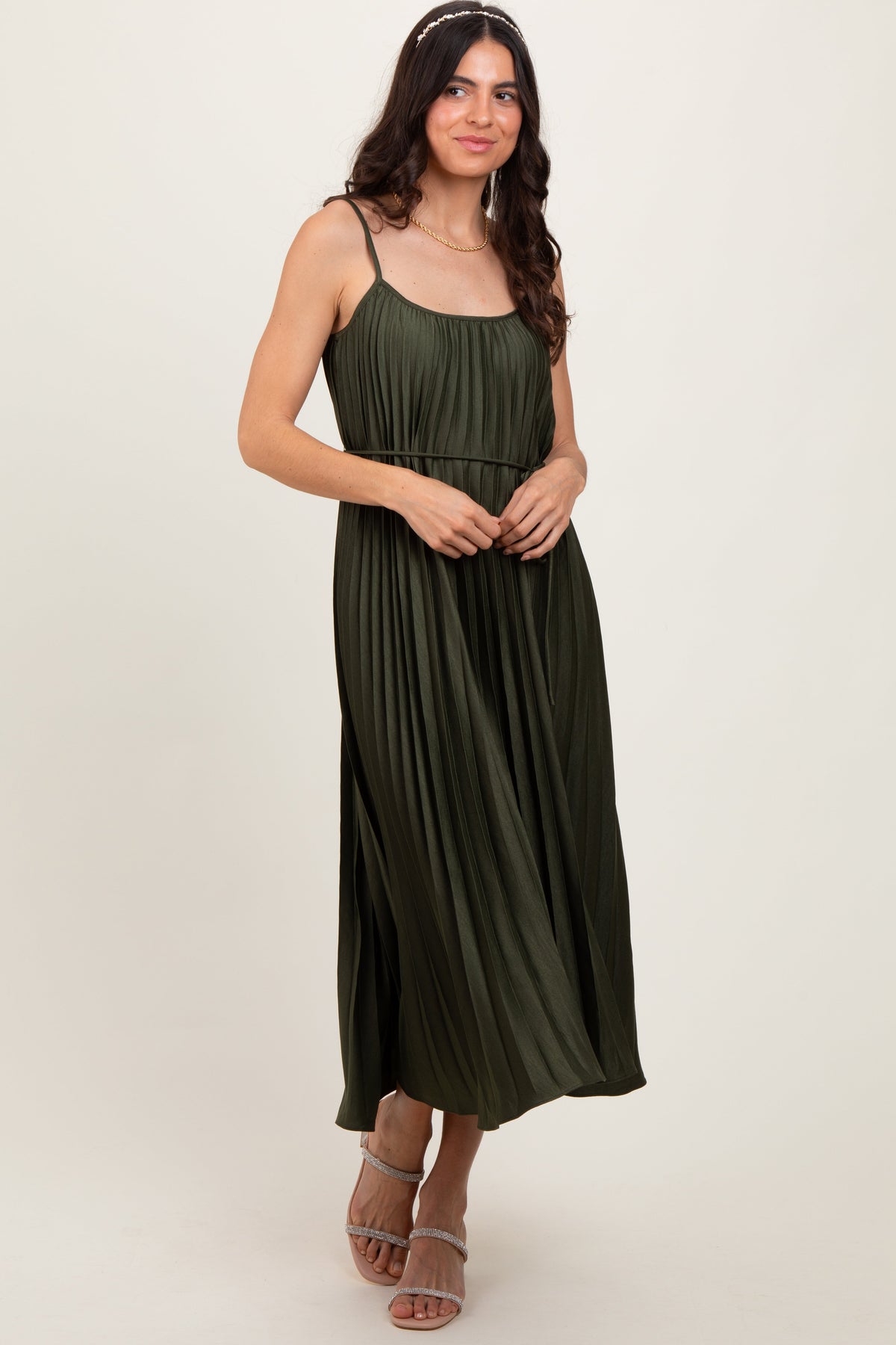 Olive Pleated Sash Tie Maternity Midi Dress