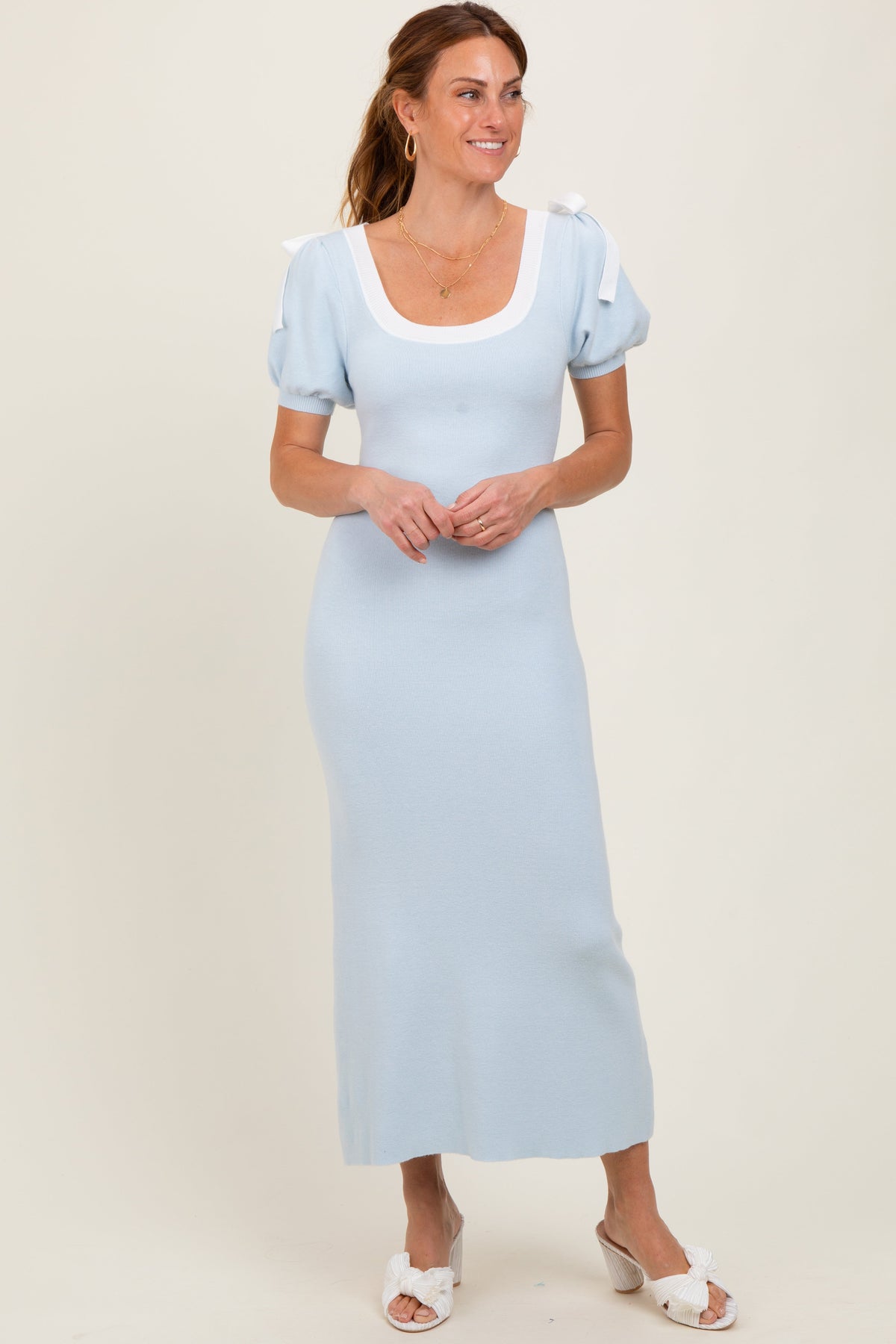 Light Blue Shoulder Bow Puff Sleeve Maternity Sweater Dress