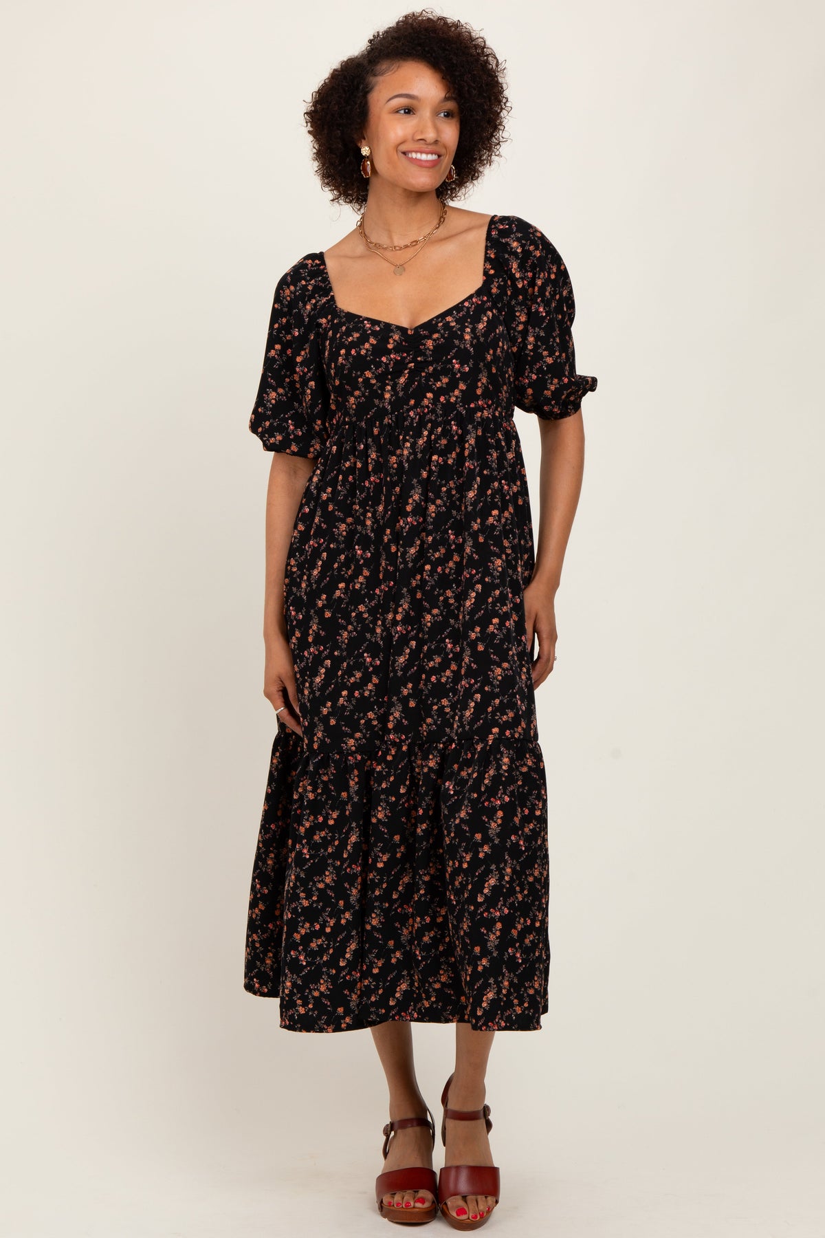 Black Floral Sweetheart Puff Sleeve Maternity Midi Dress