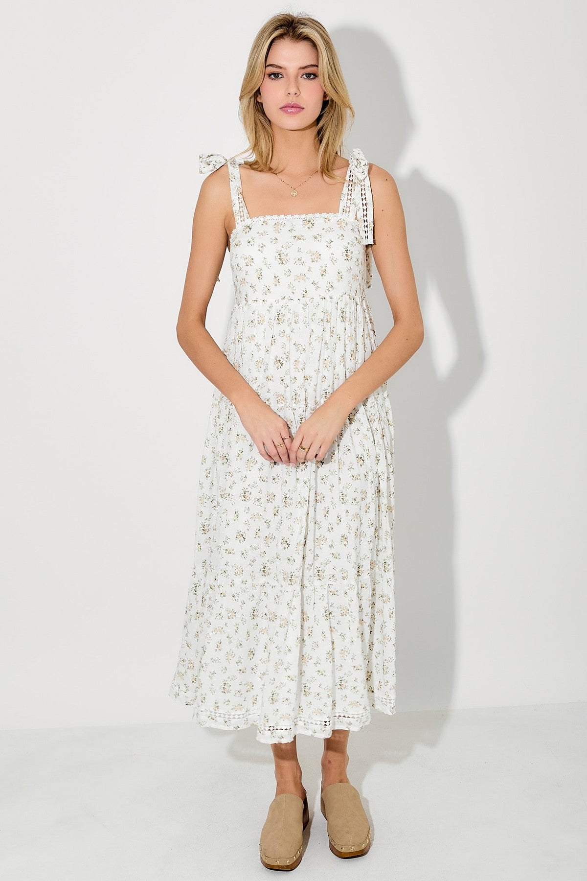 Light Yellow Floral Shoulder Tie Maternity Midi Dress