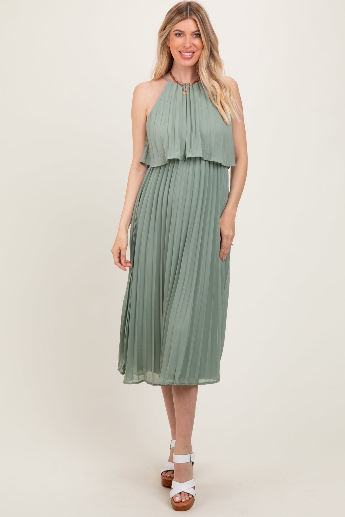 Light Olive Pleated Woven Maternity Midi Dress