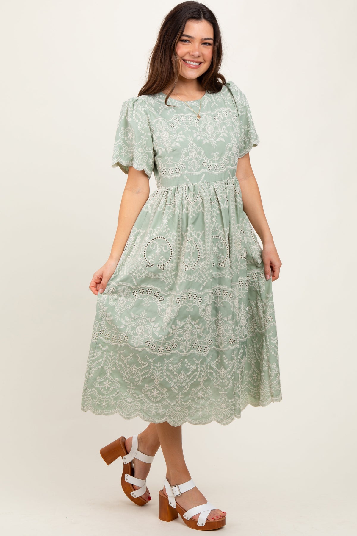 Light Olive Floral Embroidered Tied Waist Maternity Midi Dress