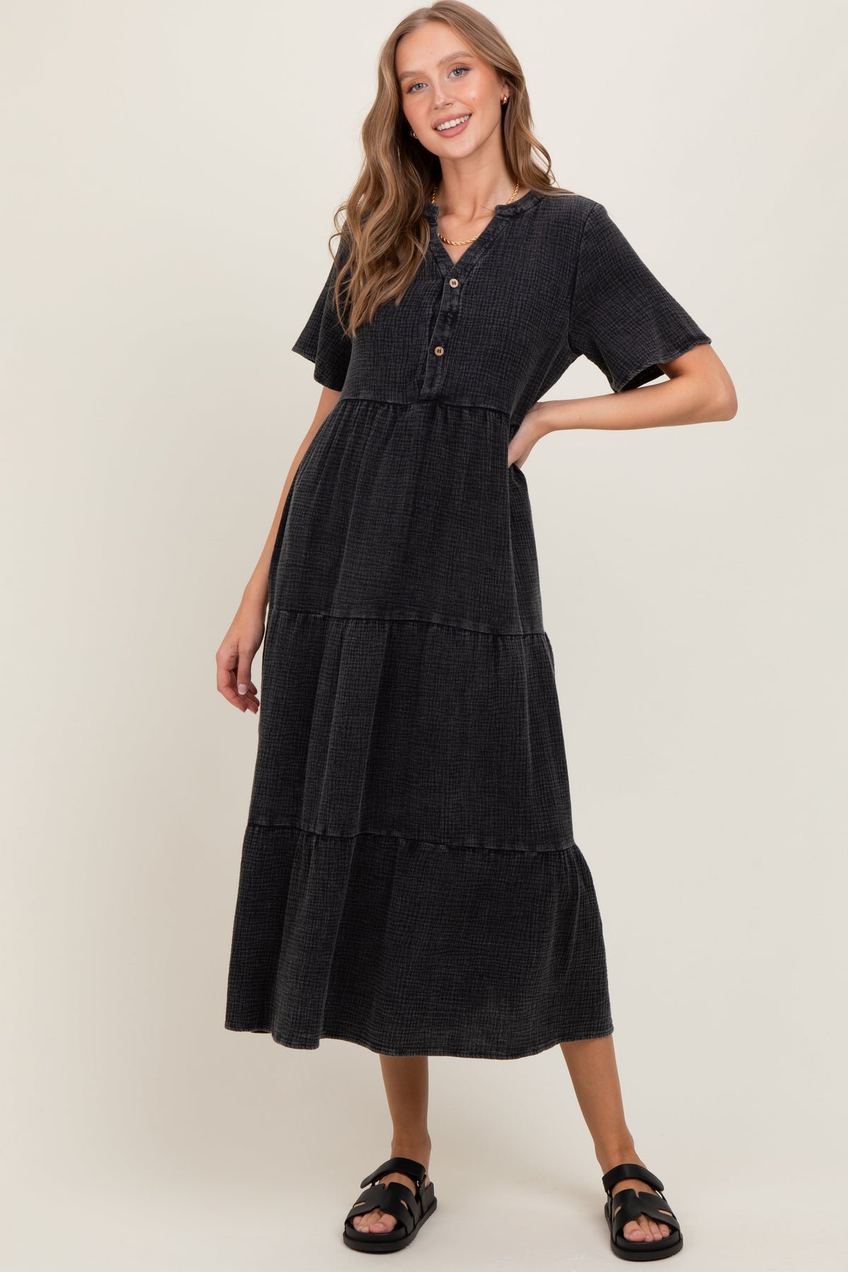 Black Button Front Tiered Maternity Maxi Dress