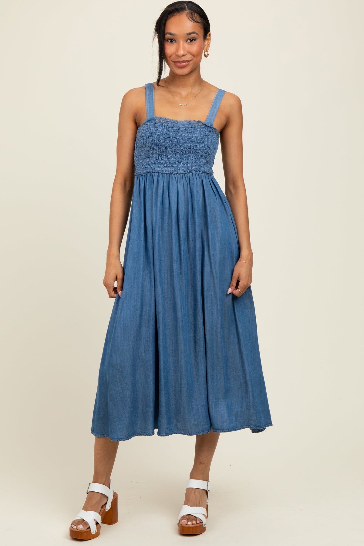 Blue Smocked Chambray Tie Back Cutout Maternity Midi Dress