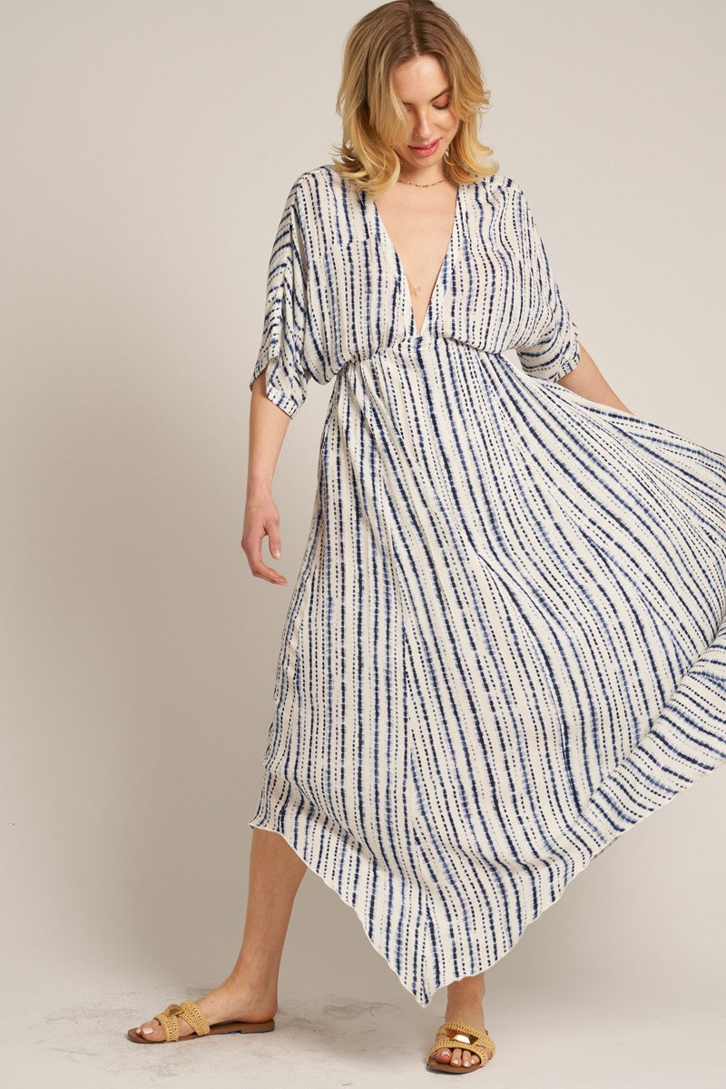 Navy Printed Deep V-Neck Maternity Midi Dress