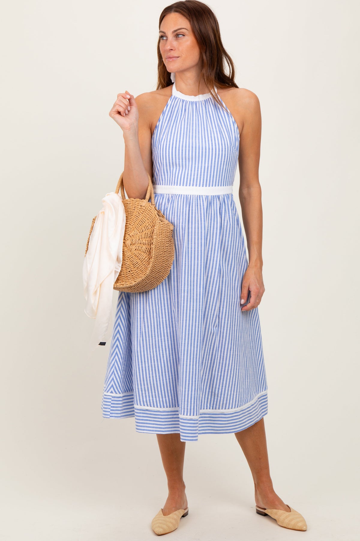 Blue Striped Halter Maternity Tie Back Cutout Maternity Midi Dress