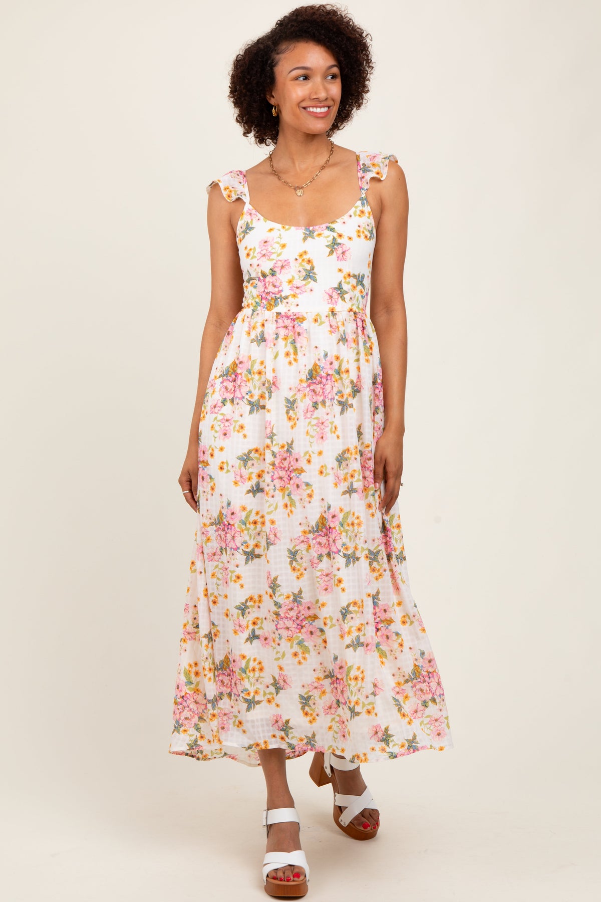 Cream Floral Cutout Tie Back Maternity Midi Dress