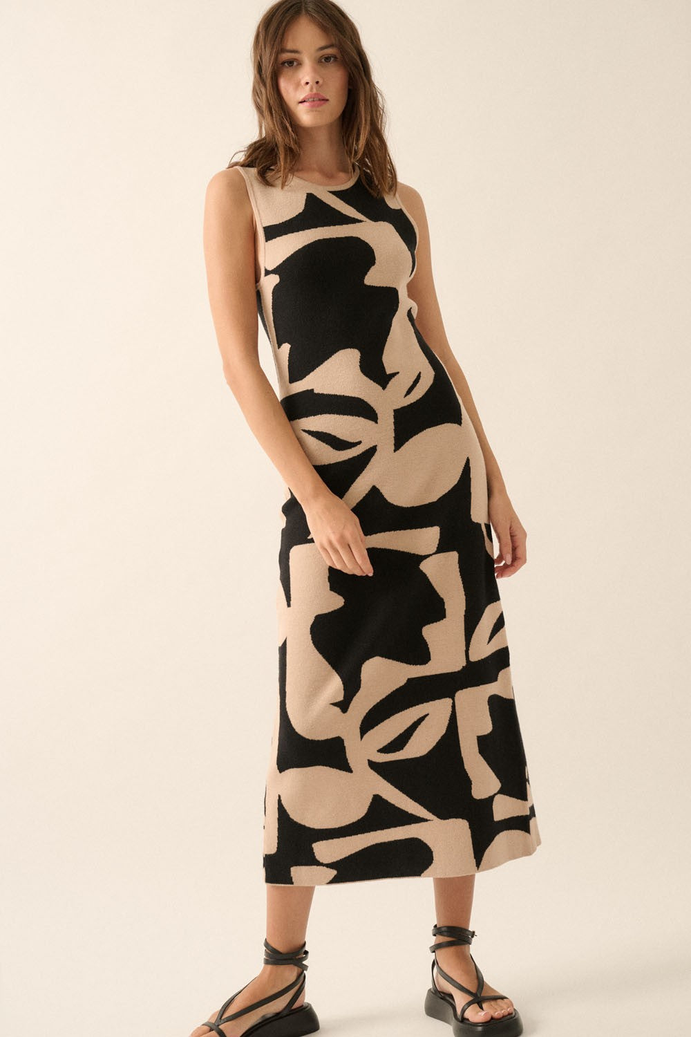 Black Abstract Print Knit Sleeveless Maternity Midi Dress