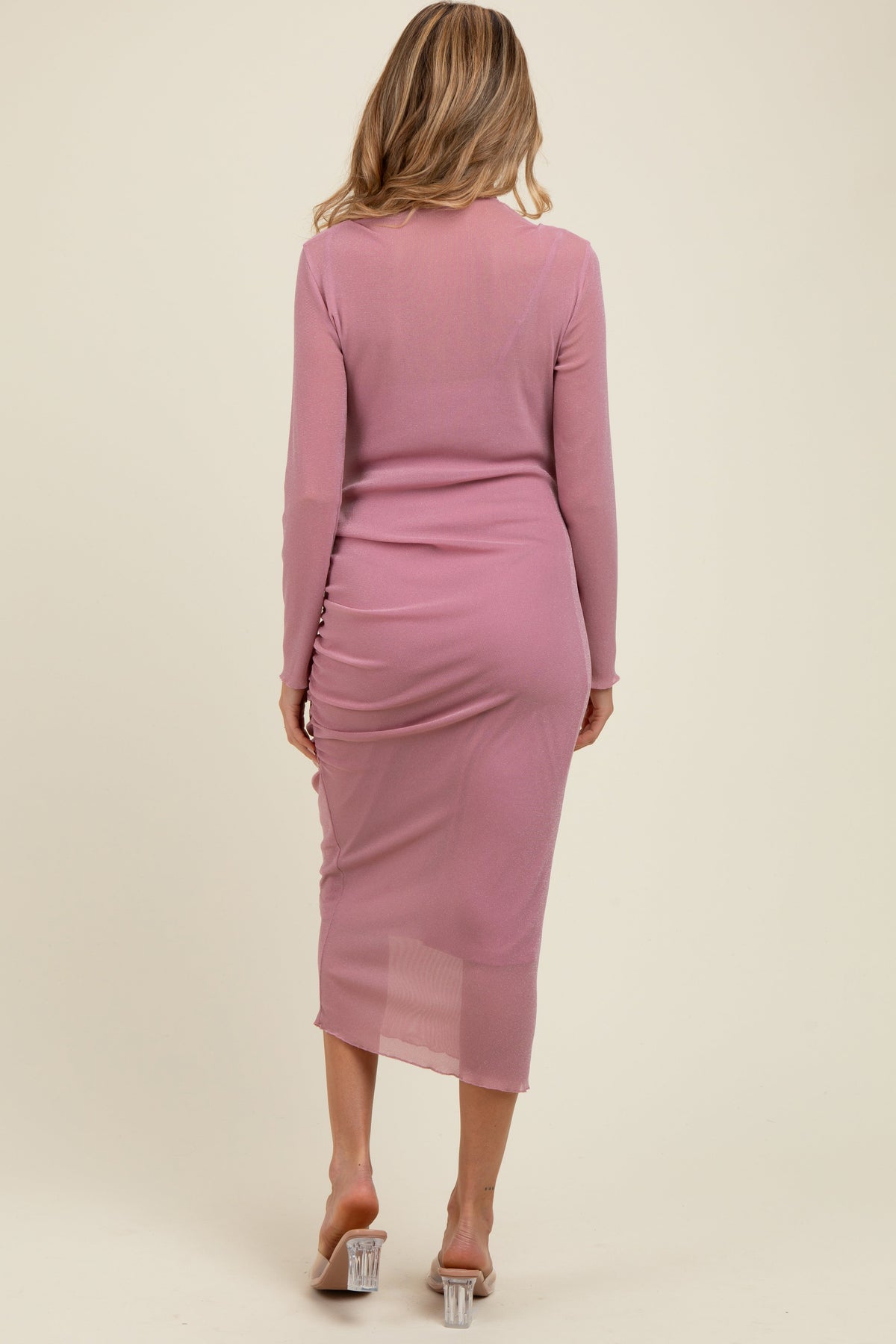 Pink Shimmer Mesh Long Sleeve Ruched Maternity Midi Dress