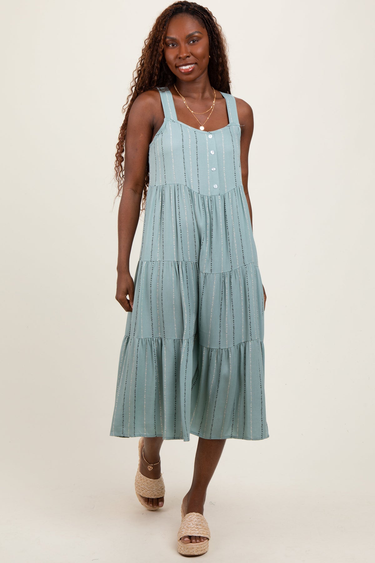 Light Olive Dot Stripe Tiered Maternity Midi Dress