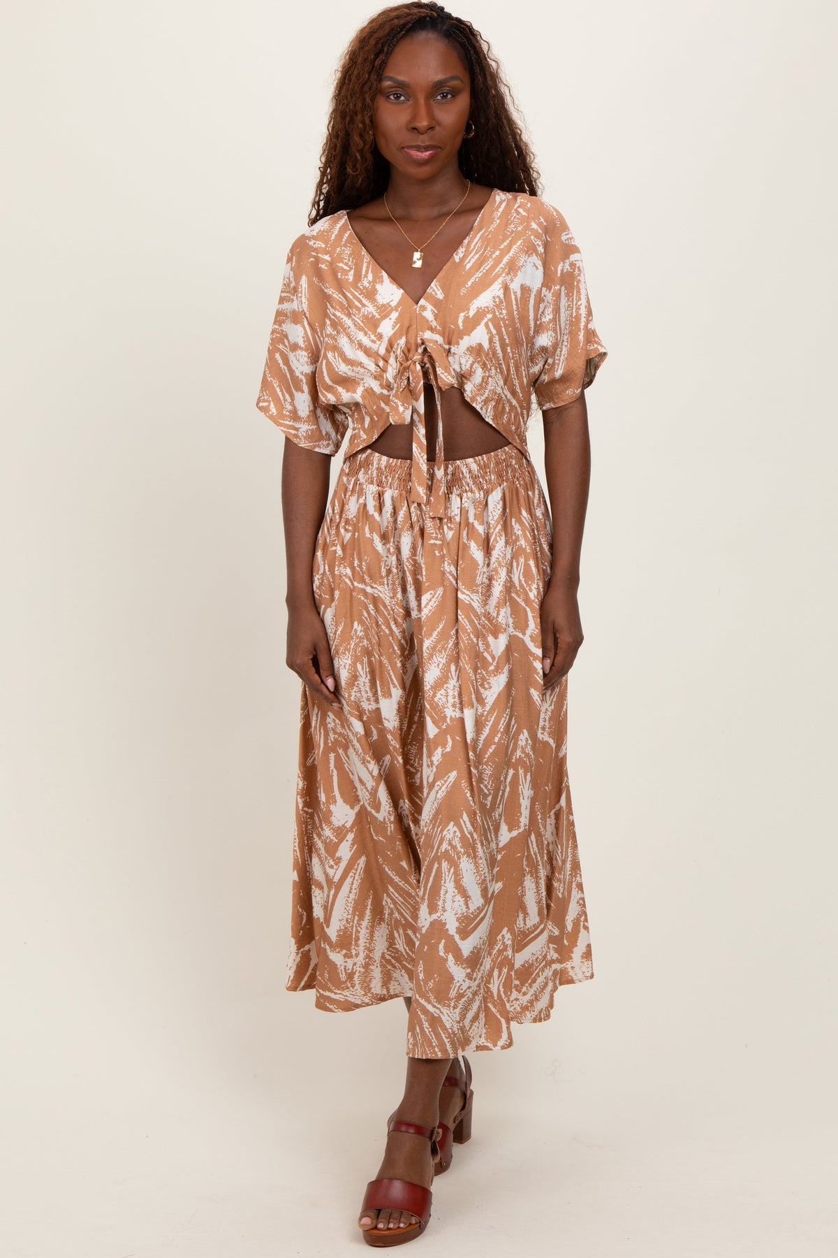 Camel Brushstroke Print Cutout Maternity Midi Dress
