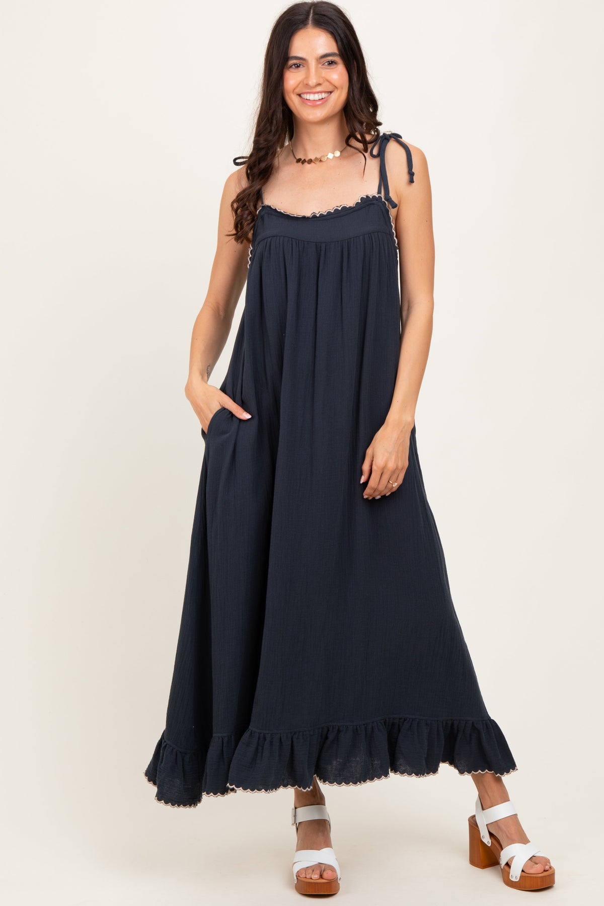 Navy Scallop Trim Shoulder Tie Maternity Maxi Dress