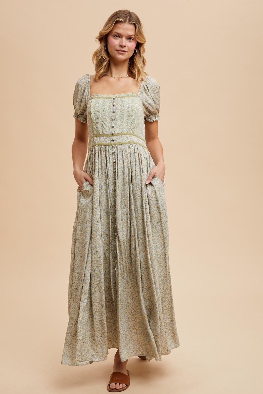Light Olive Floral Lace Trim Maternity Maxi Dress