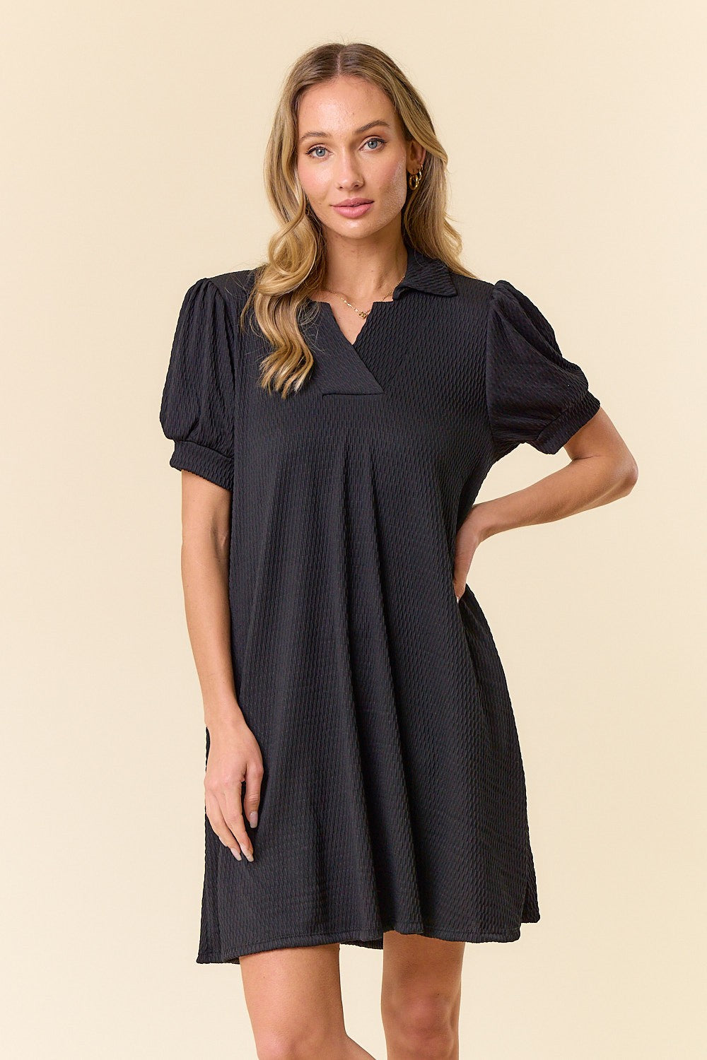 Black Textured Maternity Polo Dress