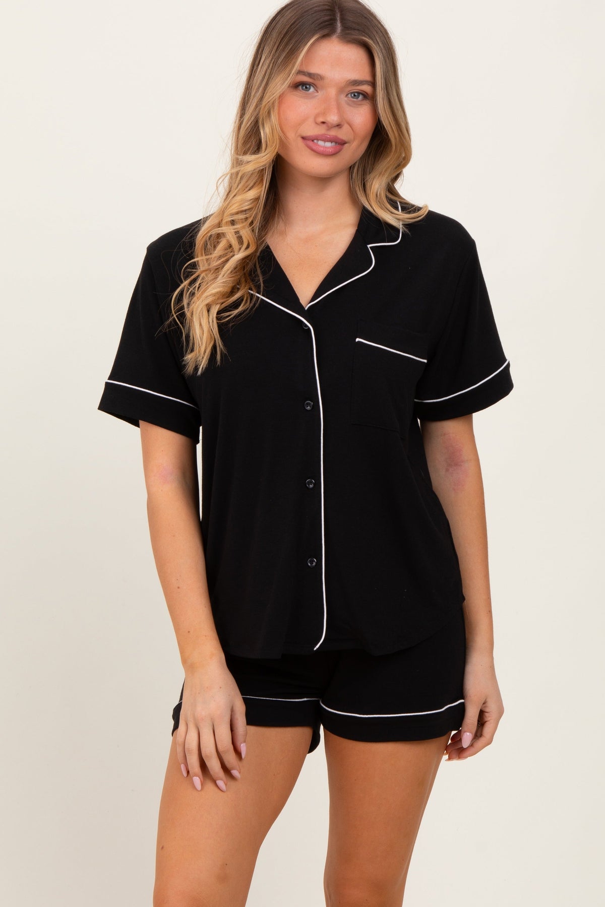 Black Short Sleeve Button Down Shirt Shorts Maternity Set