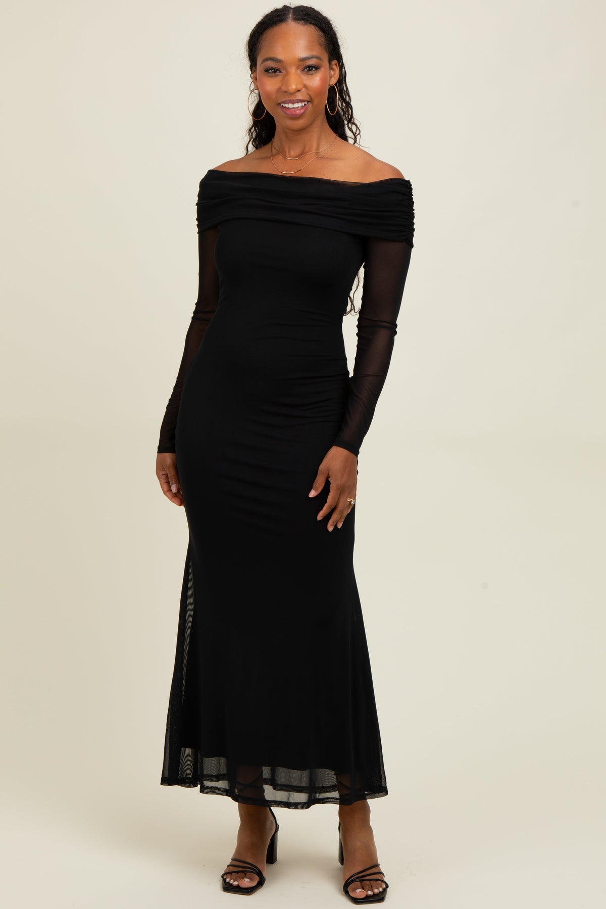 Black Mesh Overlay Off Shoulder Long Sleeve Maternity Midi Dress