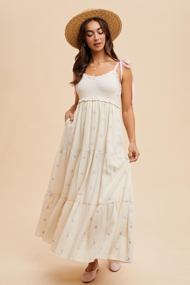 Cream Embroidered Smocked Shoulder Tie Maternity Maxi Dress