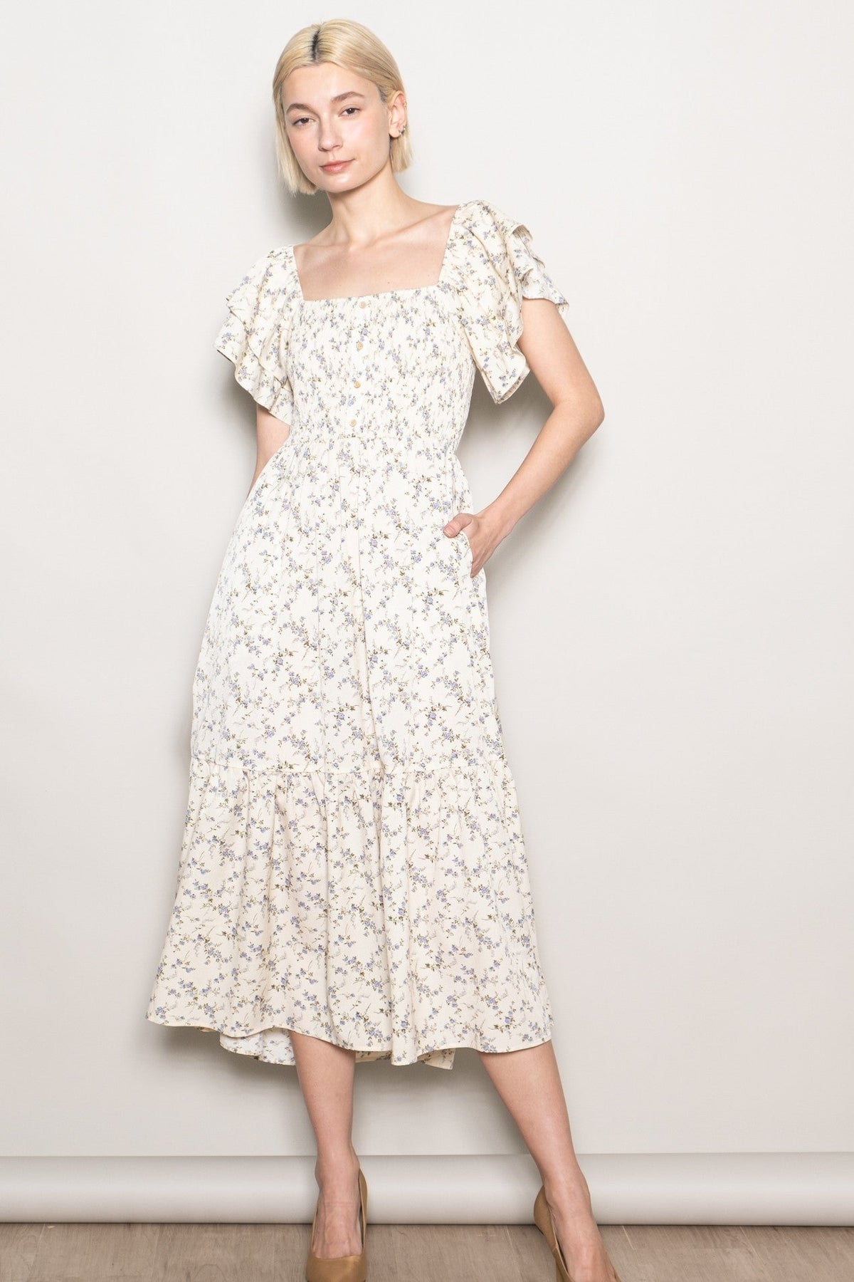 Ivory Floral Smocked Flutter Sleeve Maternity Midi Dress