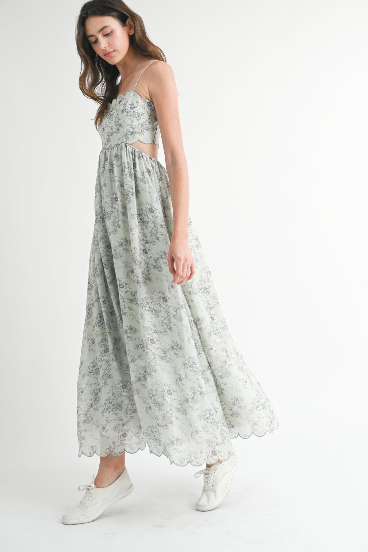 Light Sage Floral Scallop Edge Back Cutout Maternity Maxi Dress