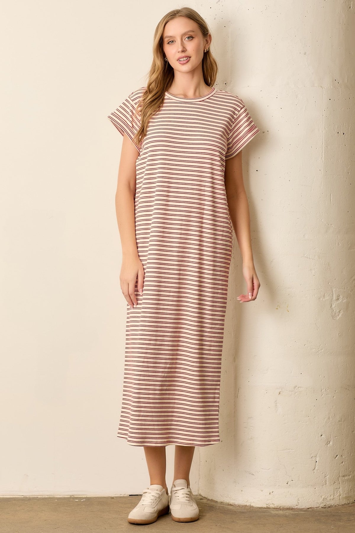 Red Striped Maternity Midi T-Shirt Dress