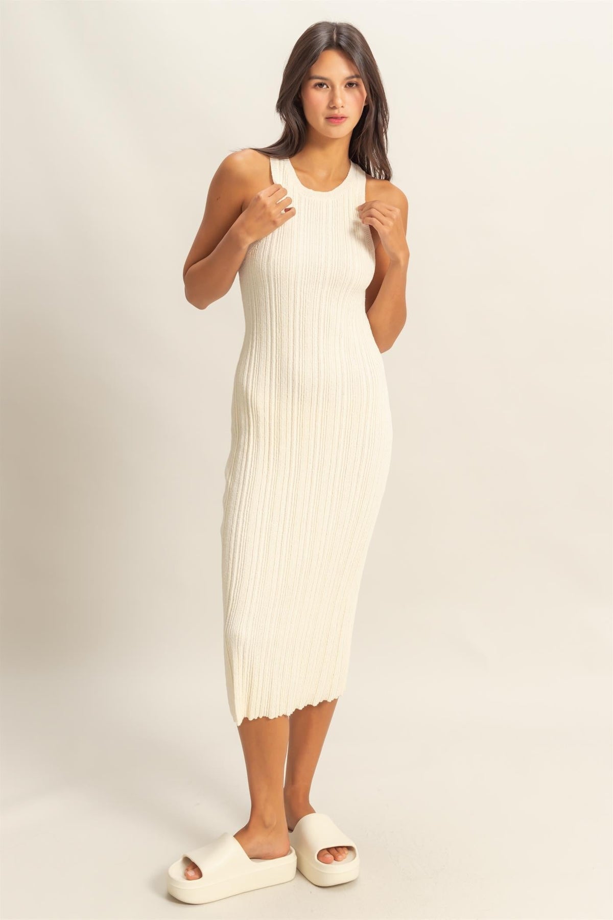 Ivory Round Neck Bodycon Ribbed Knit Maternity Midi Dress