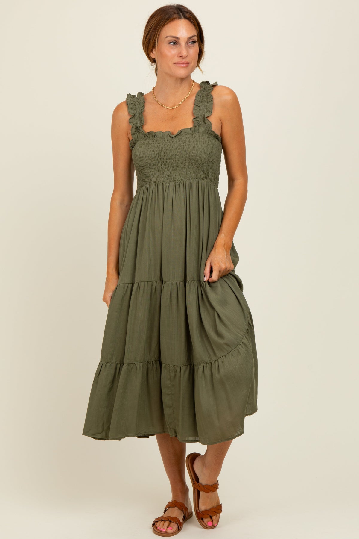 Olive Smocked Ruffle Strap Tiered Maternity Midi Dress