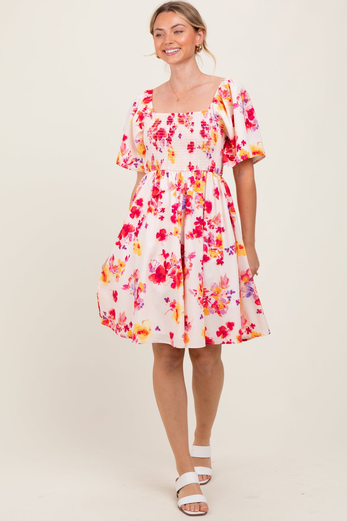 Cream/Red Floral Smocked Top Maternity Mini Dress
