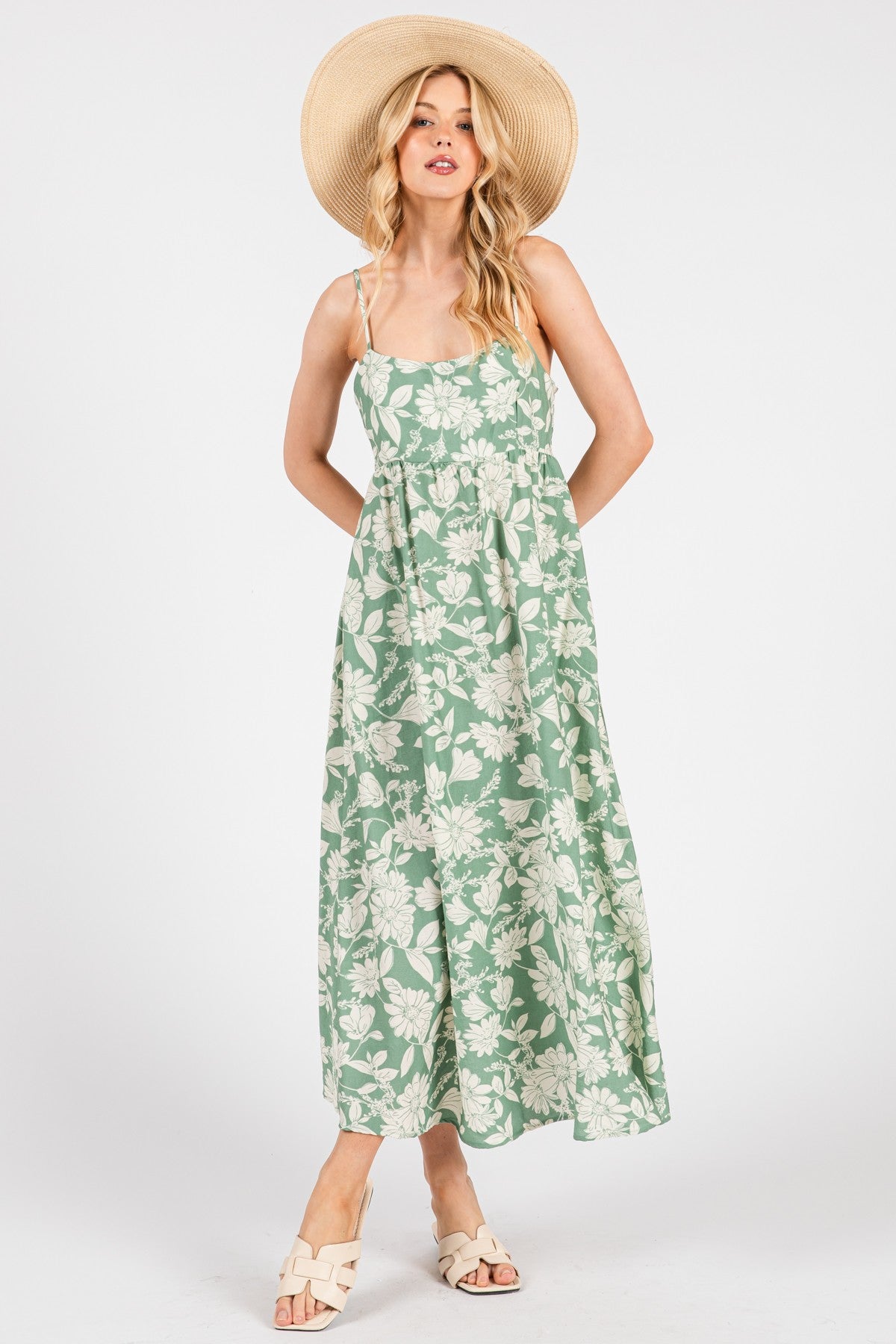 Light Olive Floral Sleeveless Maternity Midi Dress