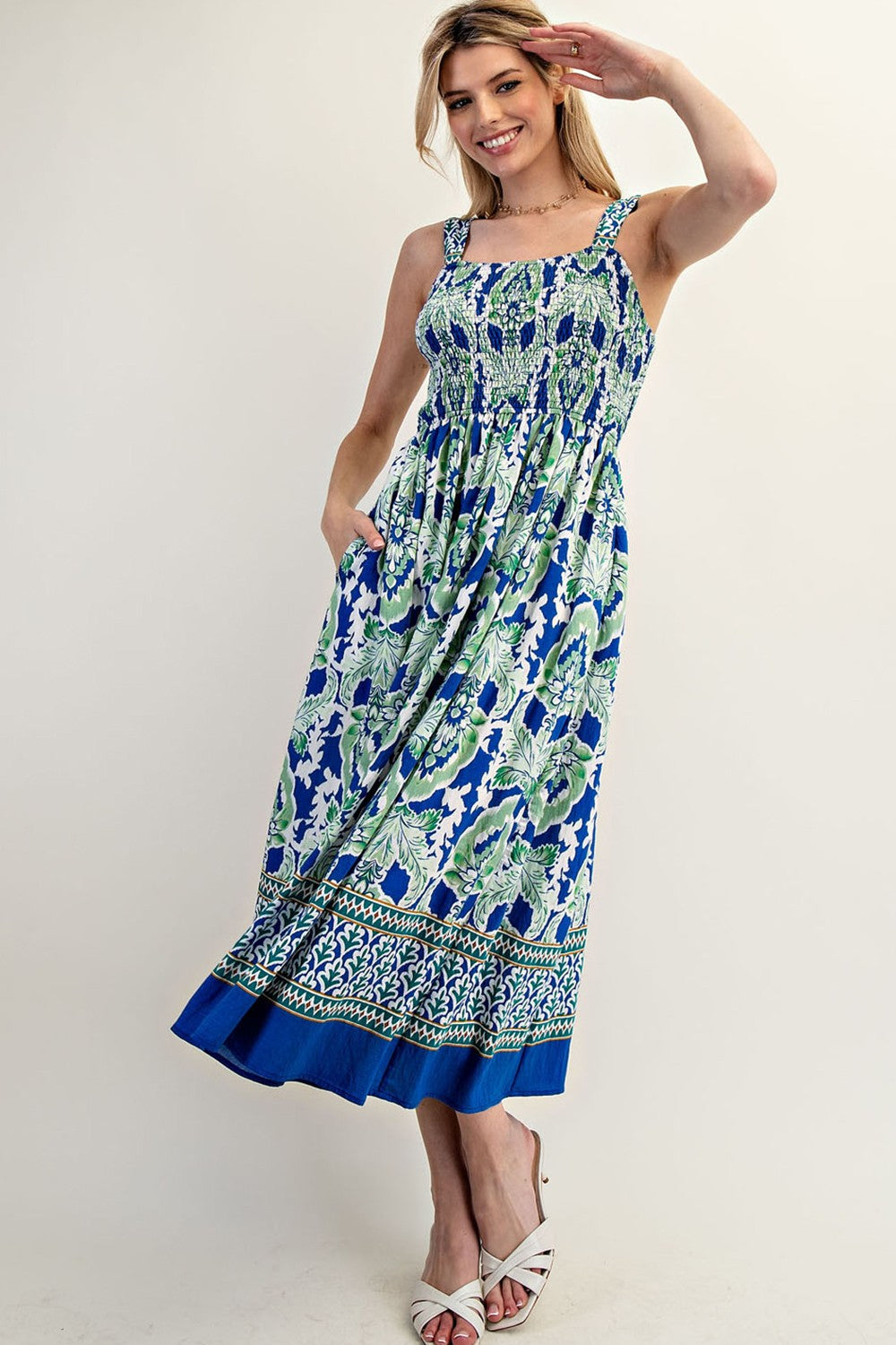Royal Blue Floral Sleeveless Smocked Maternity Midi Dress
