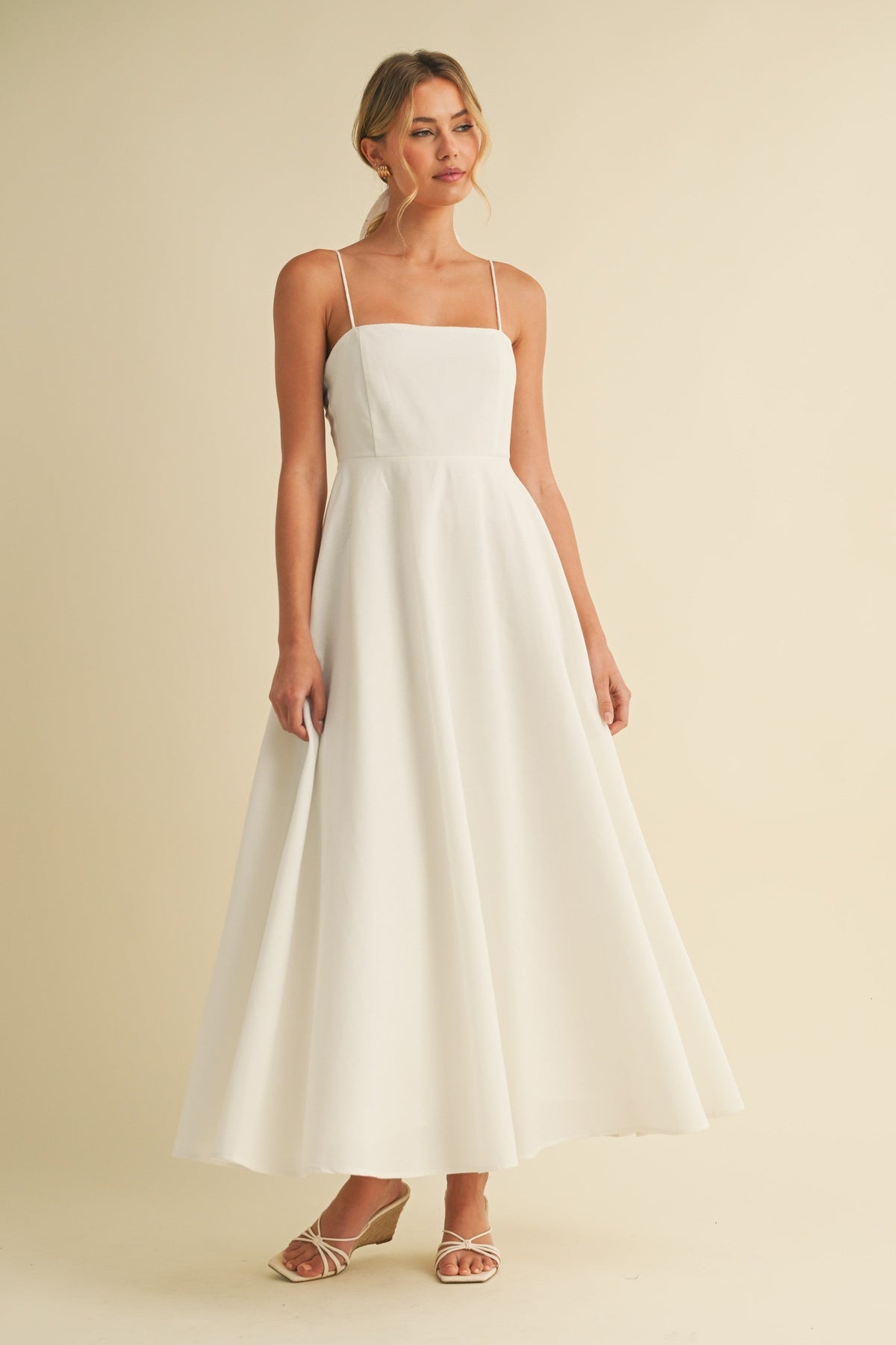 White Linen A-Line Flared Maternity Midi Dress
