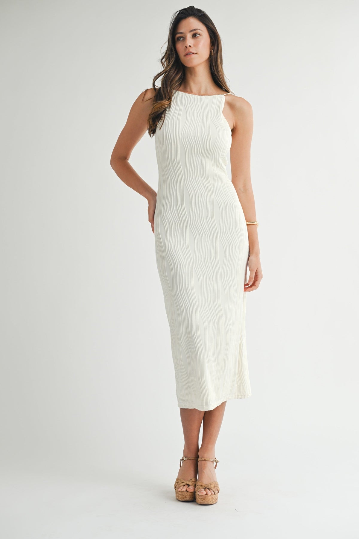 Ivory Textured Sleeveless Fitted Maternity Midi Dress
