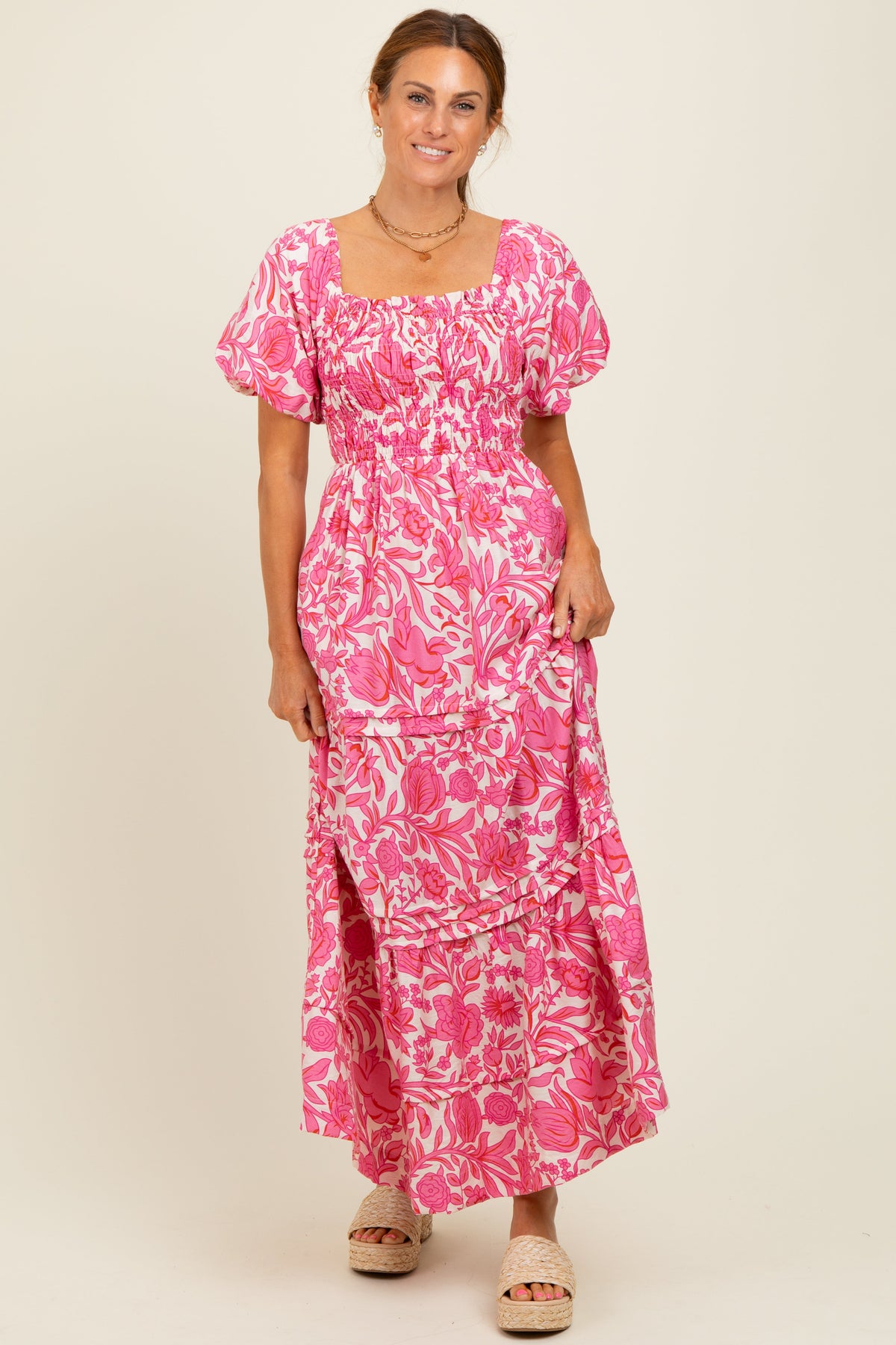 Pink Floral Smocked Puff Sleeve Maternity Maxi Dress