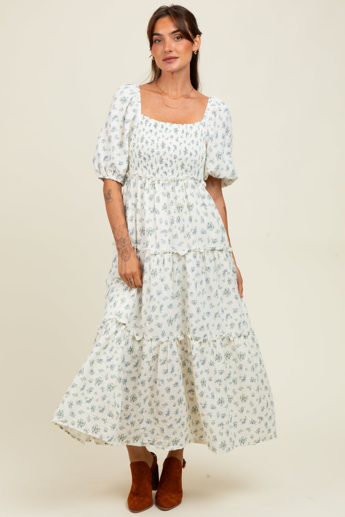 Blue Floral Smocked Ruffle Tiered Maternity Maxi Dress