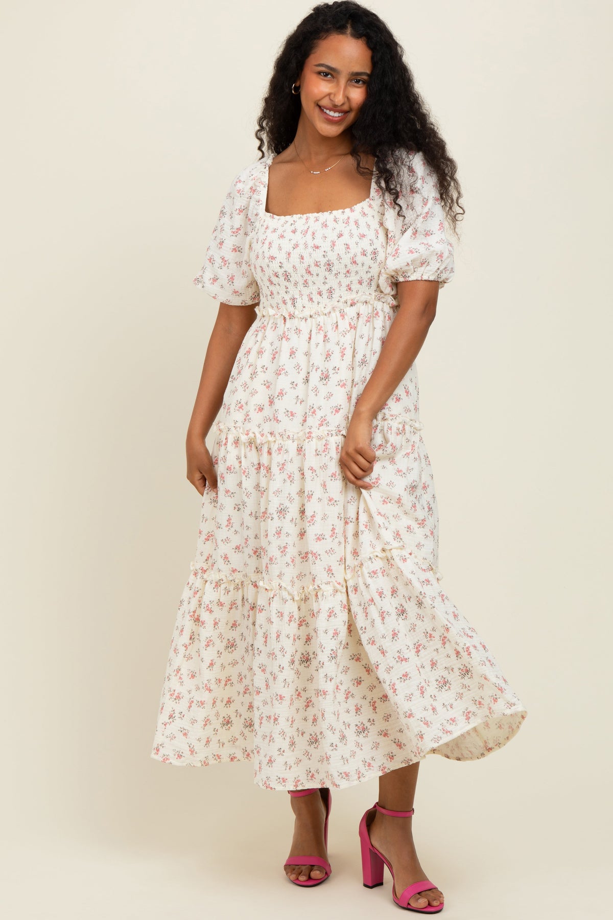 Pink Floral Smocked Ruffle Tiered Maternity Maxi Dress