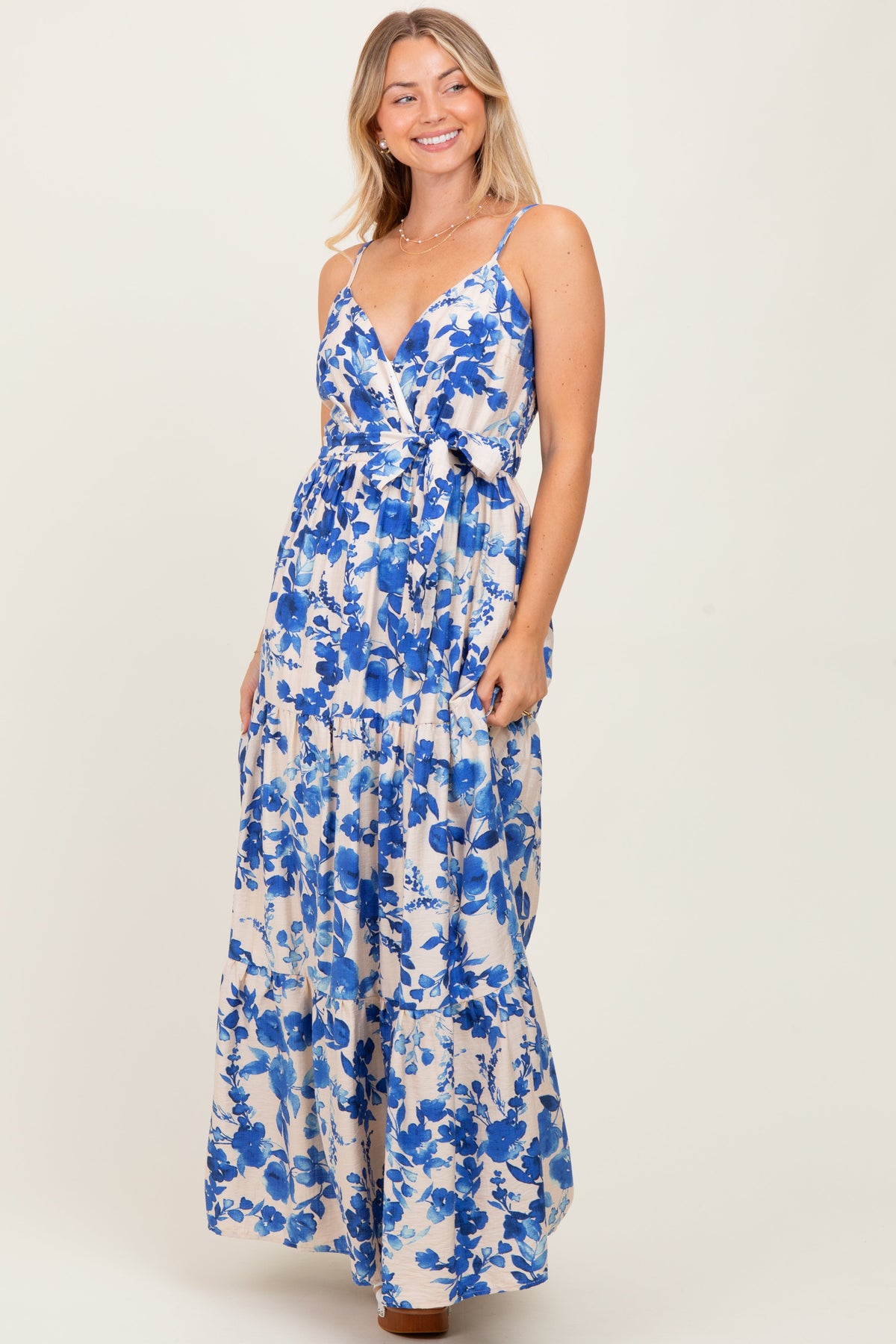 Blue Floral Tiered Sleeveless Sash Tie Maternity Maxi Dress