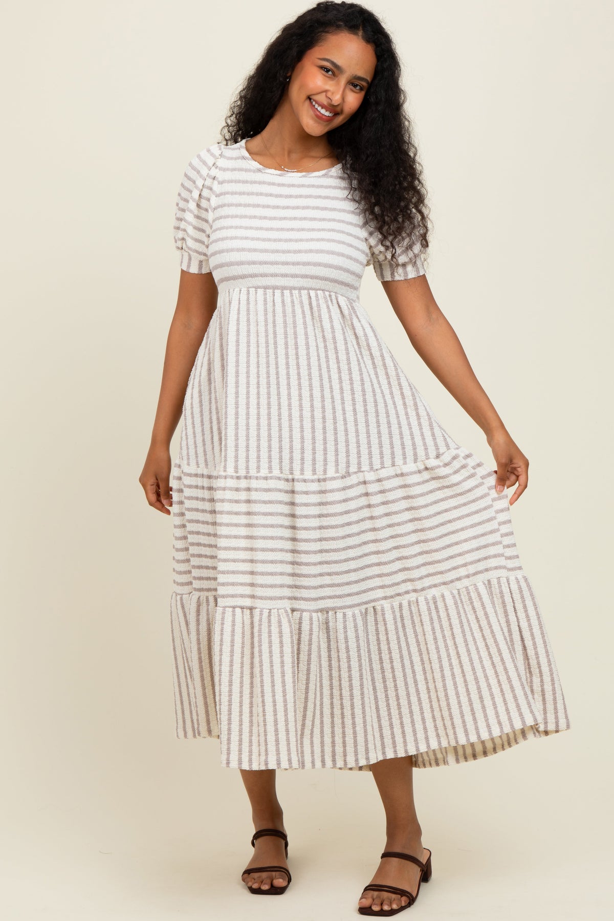 Cream/Taupe Striped Short Sleeve Tiered Maternity Maxi Dress