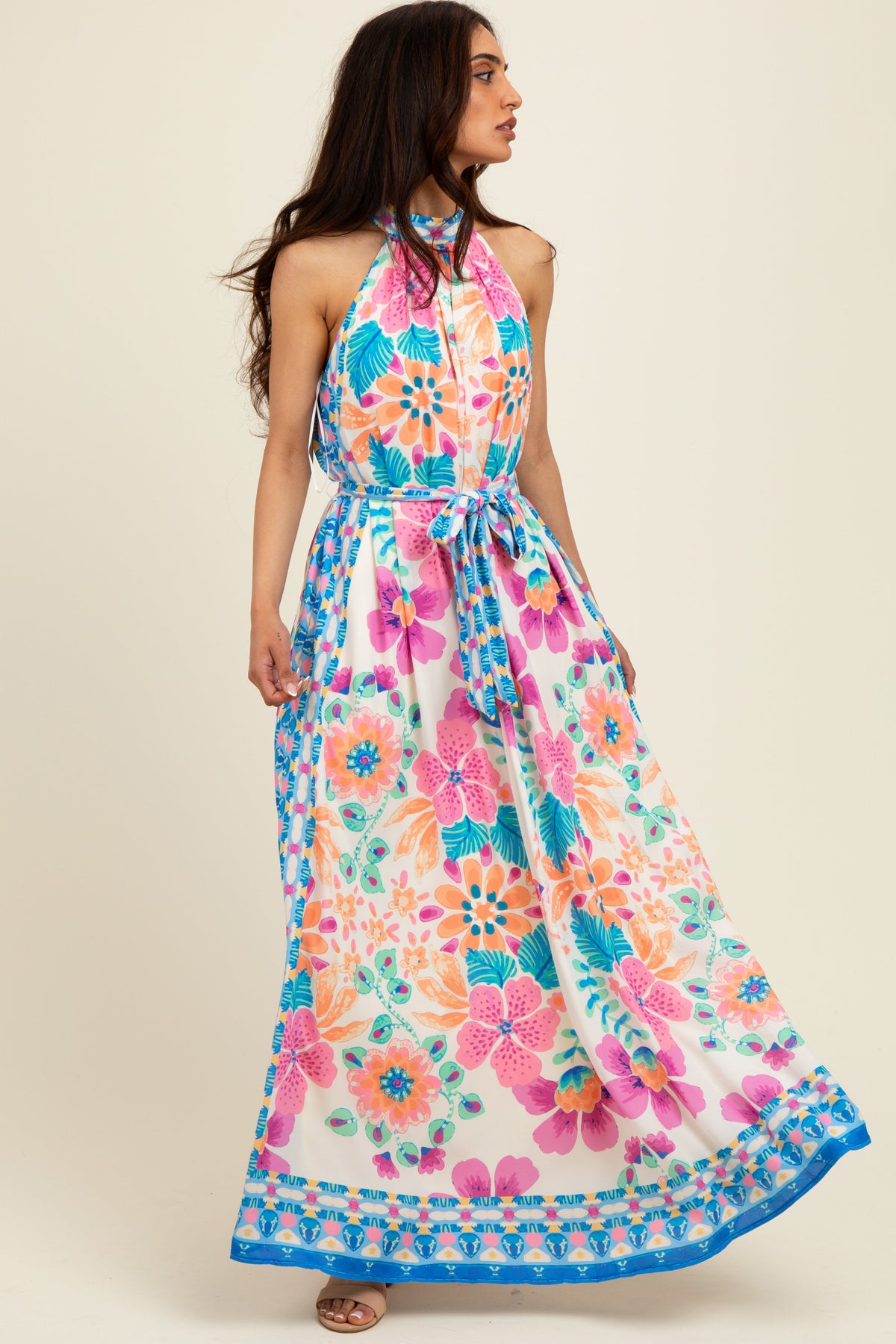 Pink Floral Border Print Halter Maternity Maxi Dress