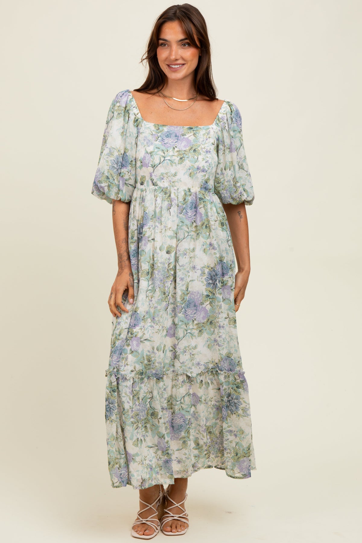 Lavender Floral Square Neck Puffed Sleeve Maternity Maxi Dress