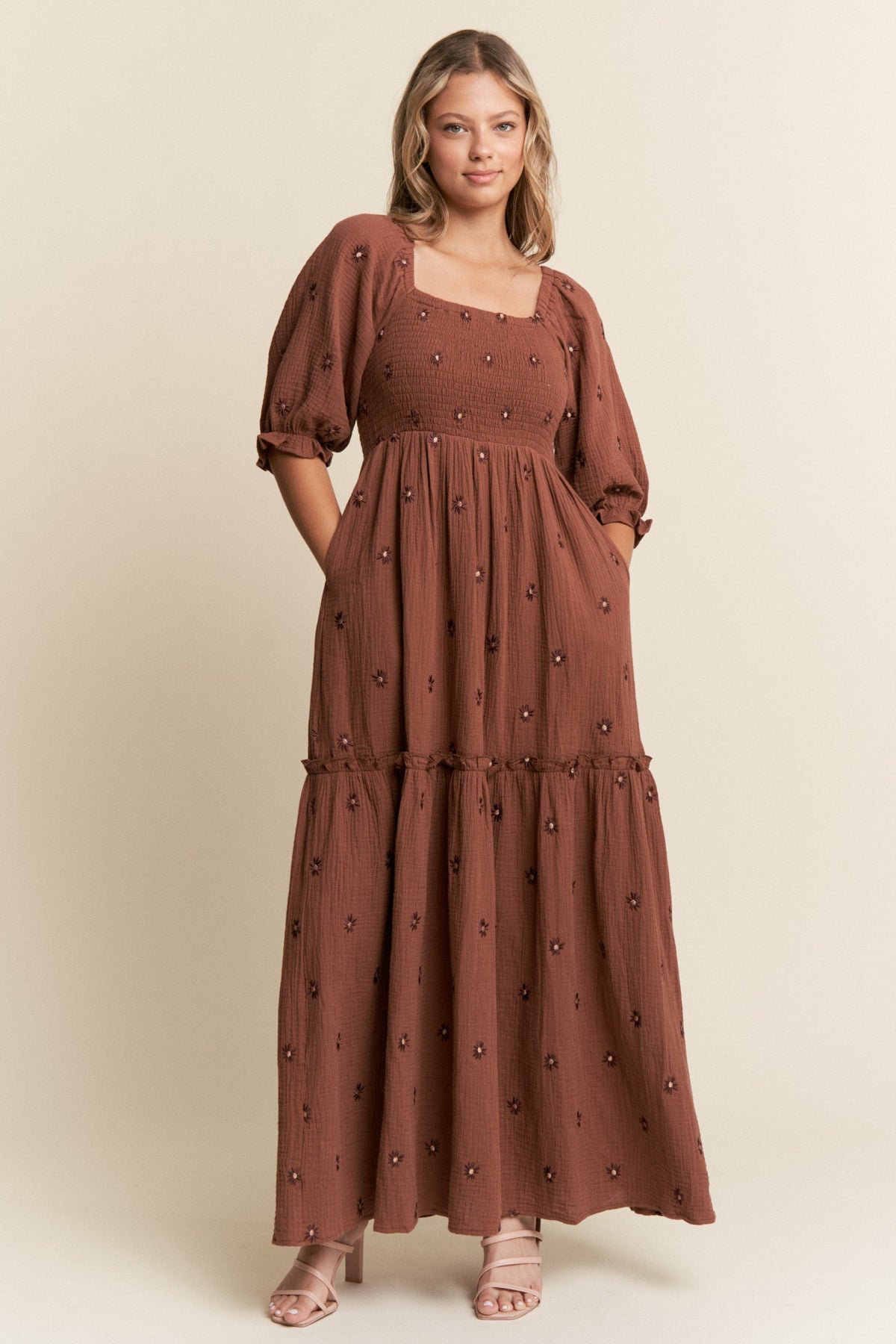 Brown Floral Smocked Puff Sleeve Maternity Maxi Dress