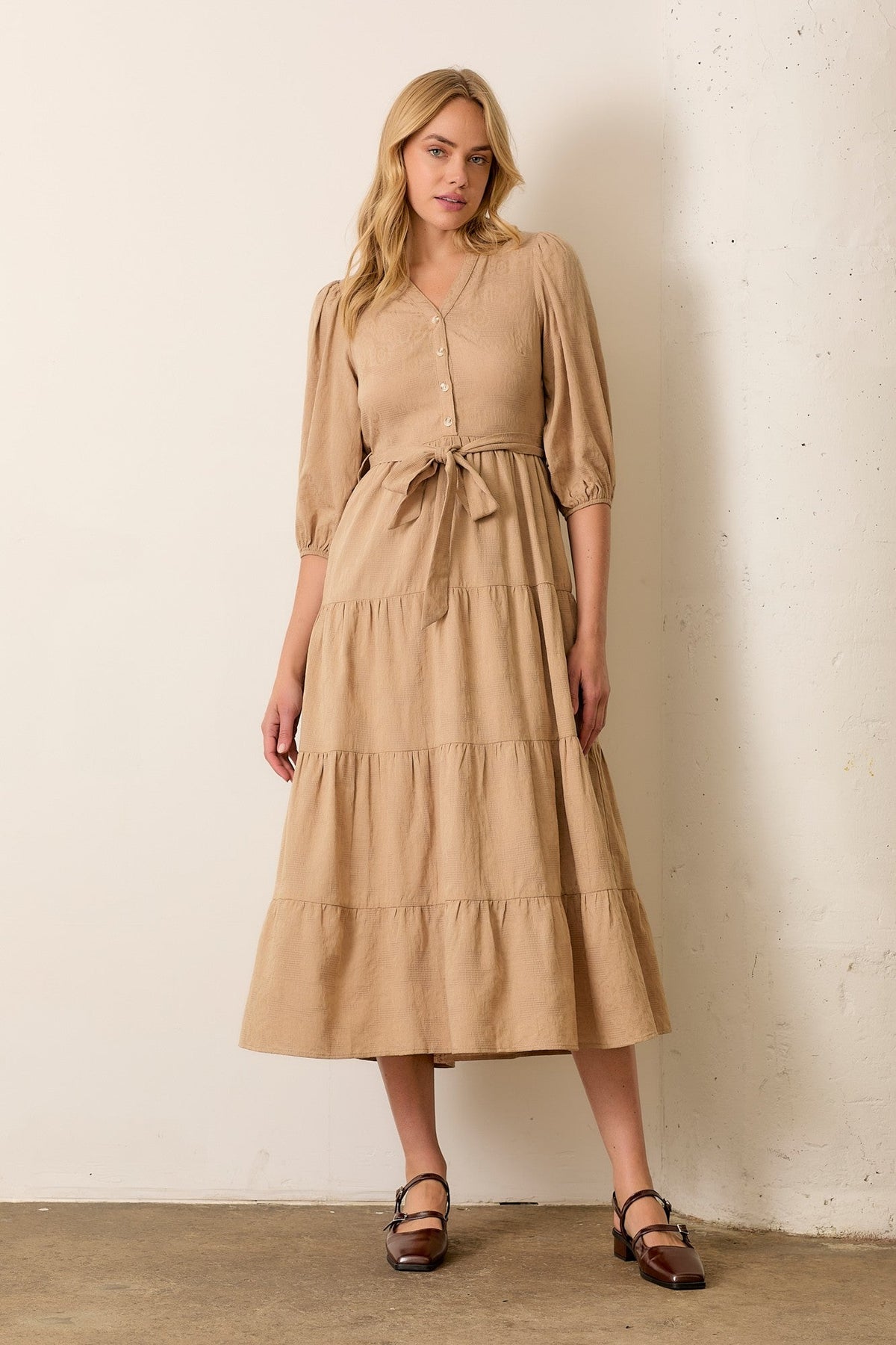 Taupe Floral Jacquard Button Front Tiered Maternity Dress